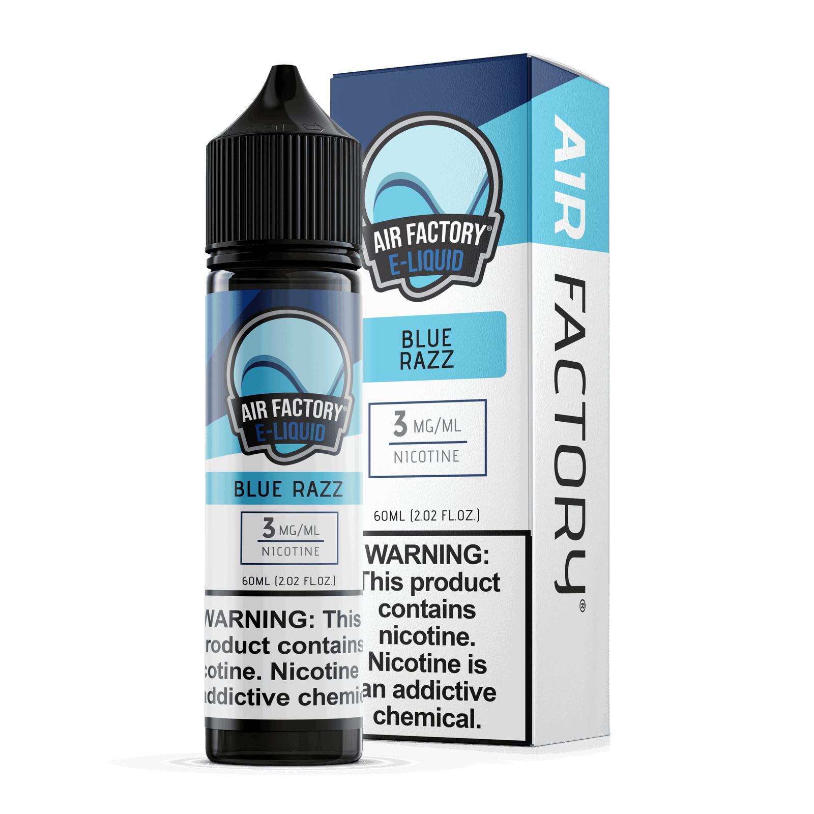 Air Factory Blue Razz 60mL freebase e-liquid bottle and box