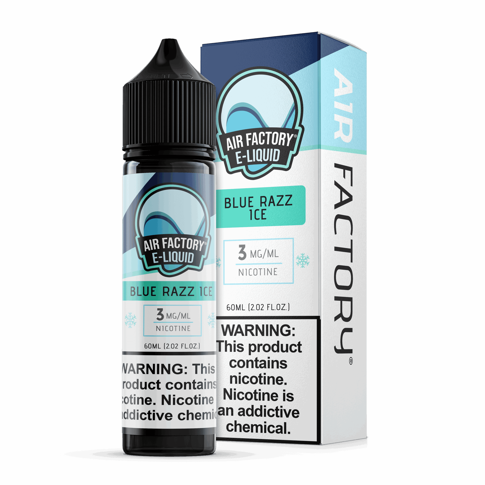 Air Factory Blue Razz Ice 60mL freebase e-liquid bottle and box