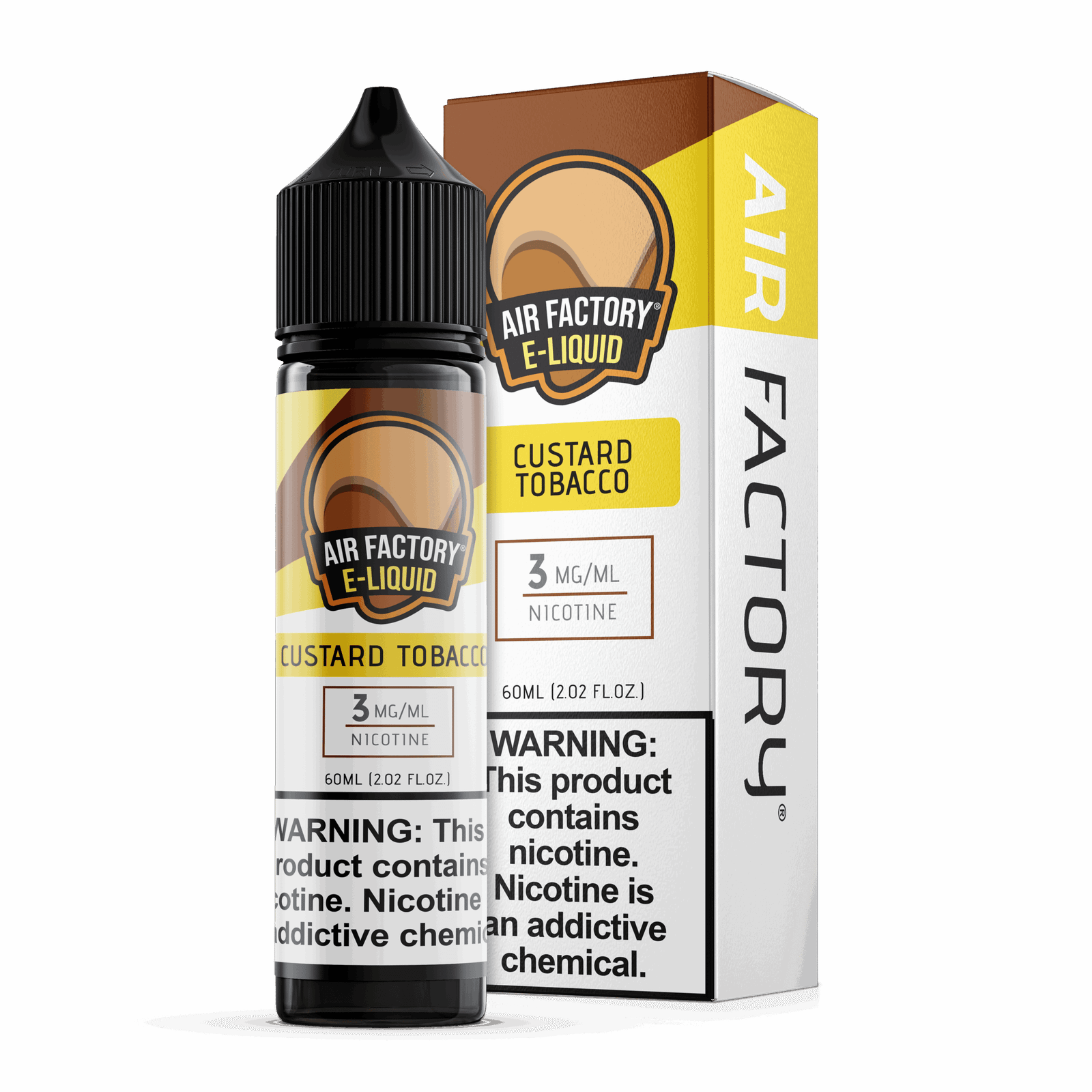 Air Factory Custard Tobacco 60mL freebase e-liquid bottle and box