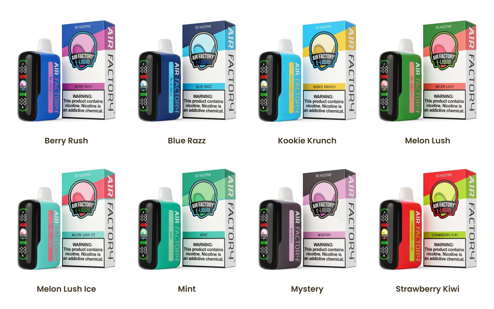 All eight Air Factory 20K disposable flavors with their boxes: Berry Rush, Blue Razz, Kookie Krunch, Melon Lush, Melon Lush Ice, Mint, Mystery and Strawberry Kiwi