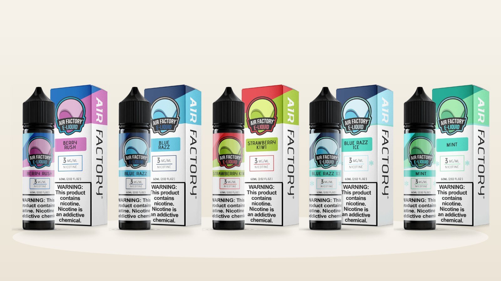 Five Air Factory 60mL e-liquid bottles in a row: Berry Rush, Blue Razz, Strawberry Kiwi, Blue Razz Ice and Mint