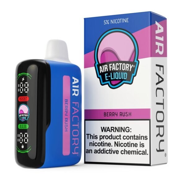 Air Factory 20K disposable vape in Berry Rush with its box, 5% nicotine