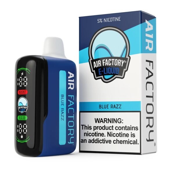 Air Factory 20K disposable vape in Blue Razz with its box, 5% nicotine