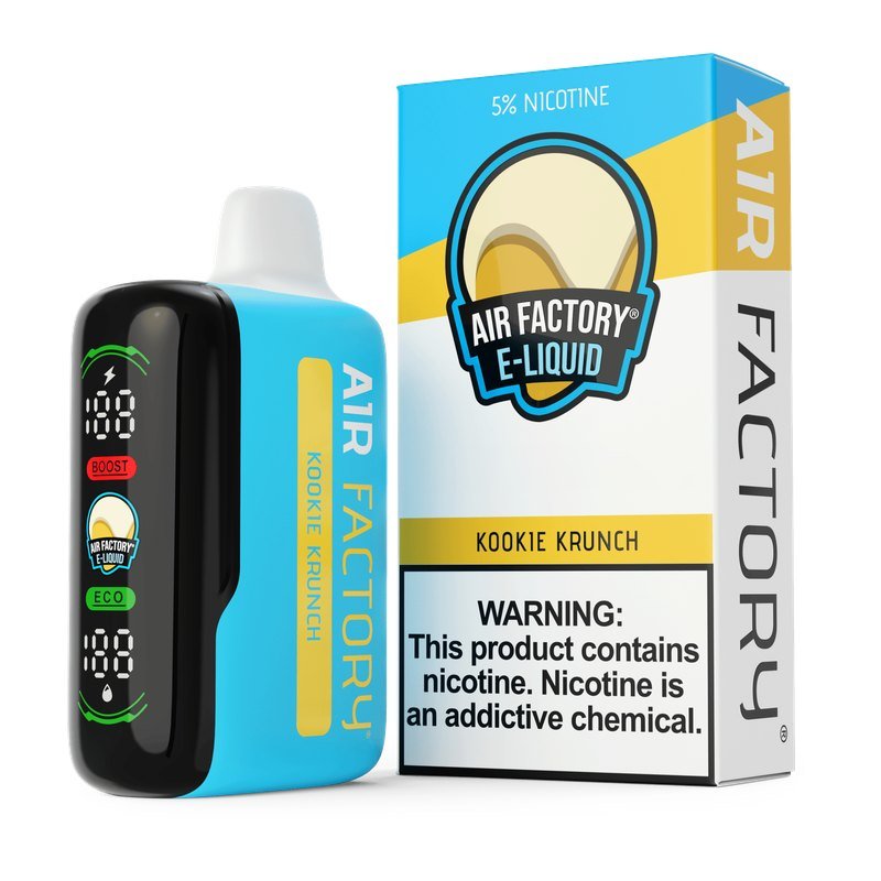 Air Factory 20K disposable vape in Kookie Krunch with its box, 5% nicotine