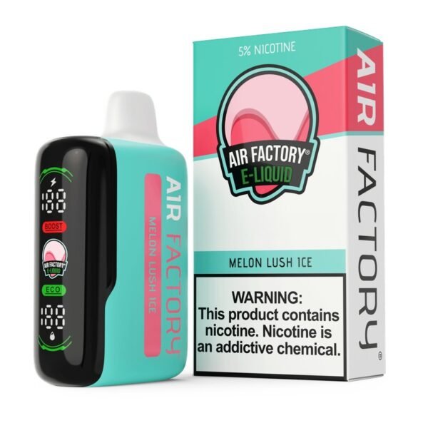 Air Factory 20K disposable vape in Melon Lush Ice with its box, 5% nicotine