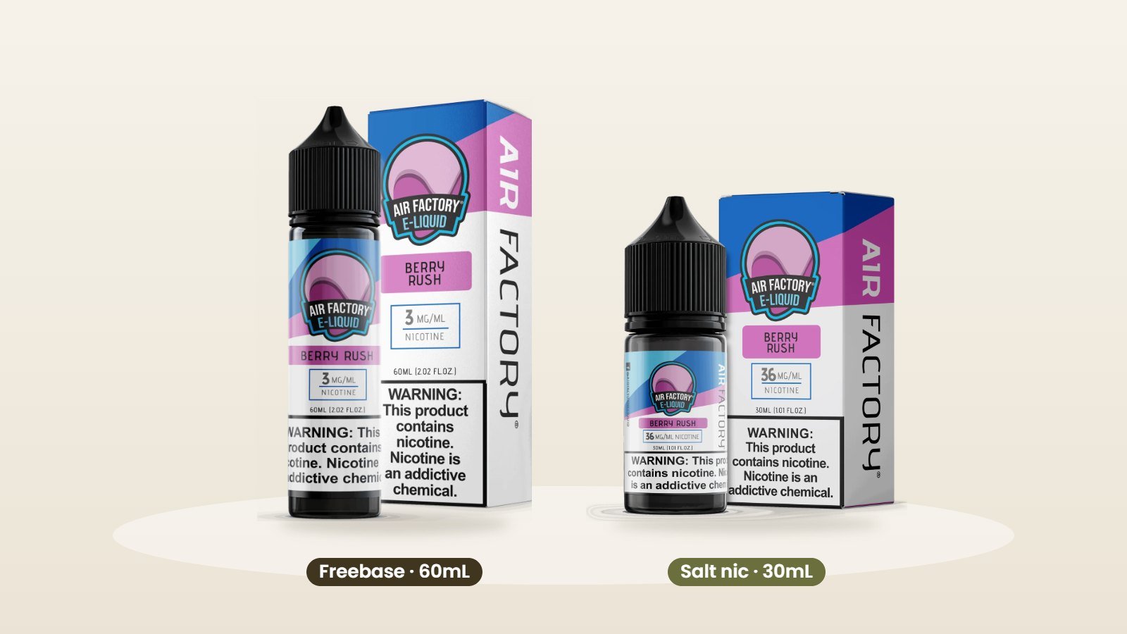 Air Factory Berry Rush in 60mL freebase and 30mL salt nic, each shown with its box