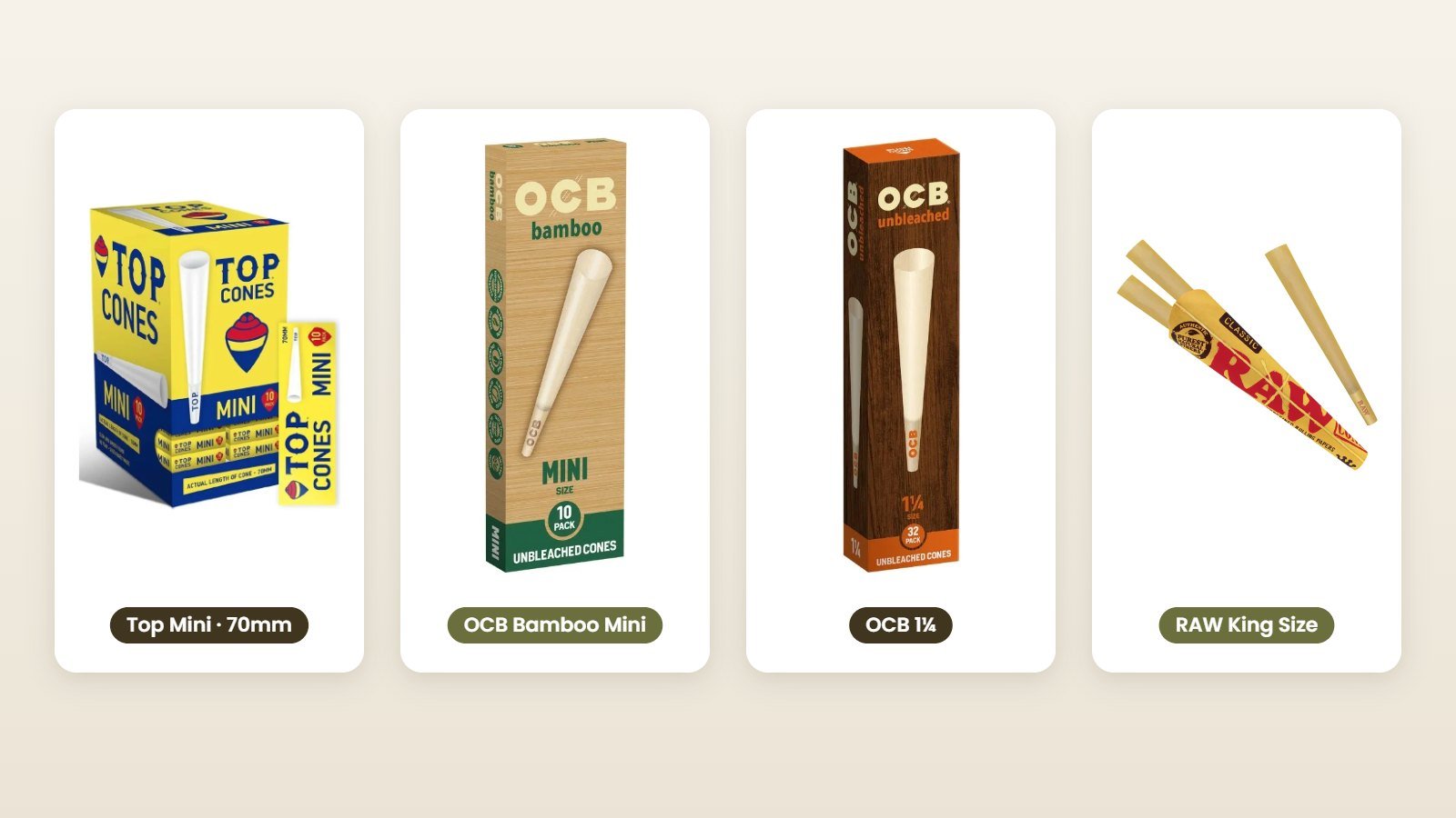 Packs of Top Mini 70mm, OCB Bamboo Mini, OCB Unbleached 1¼ and RAW Classic King Size pre-rolled cones