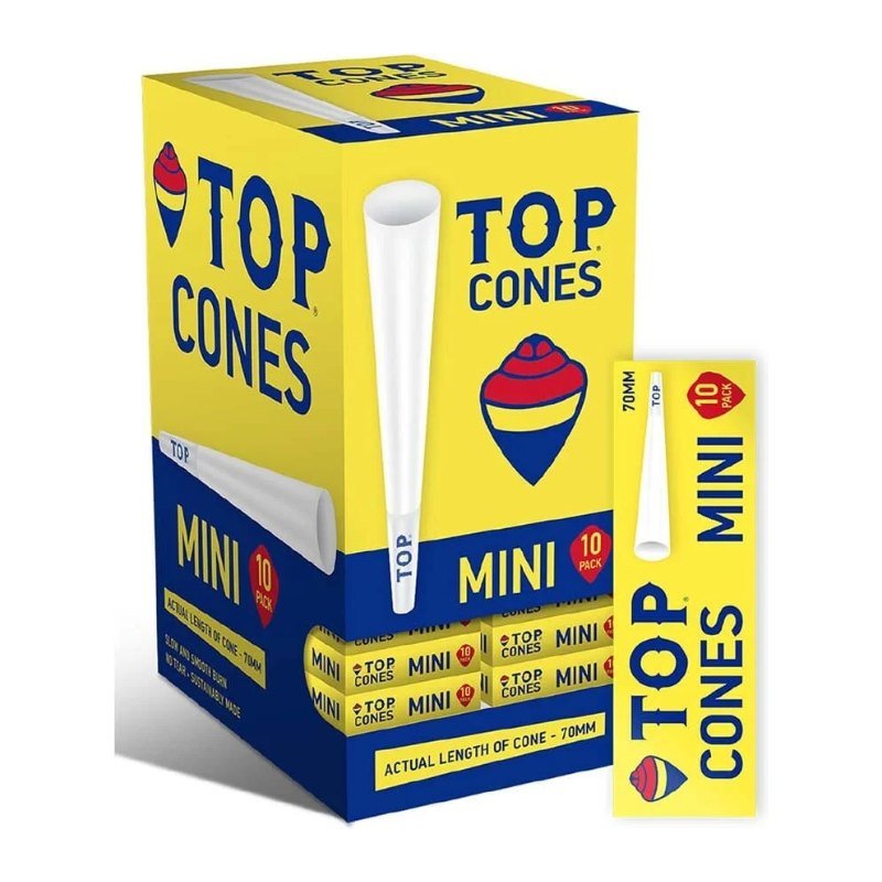 Top Paper Mini 70mm cones, single 10-cone pack shown with the 24-pack box